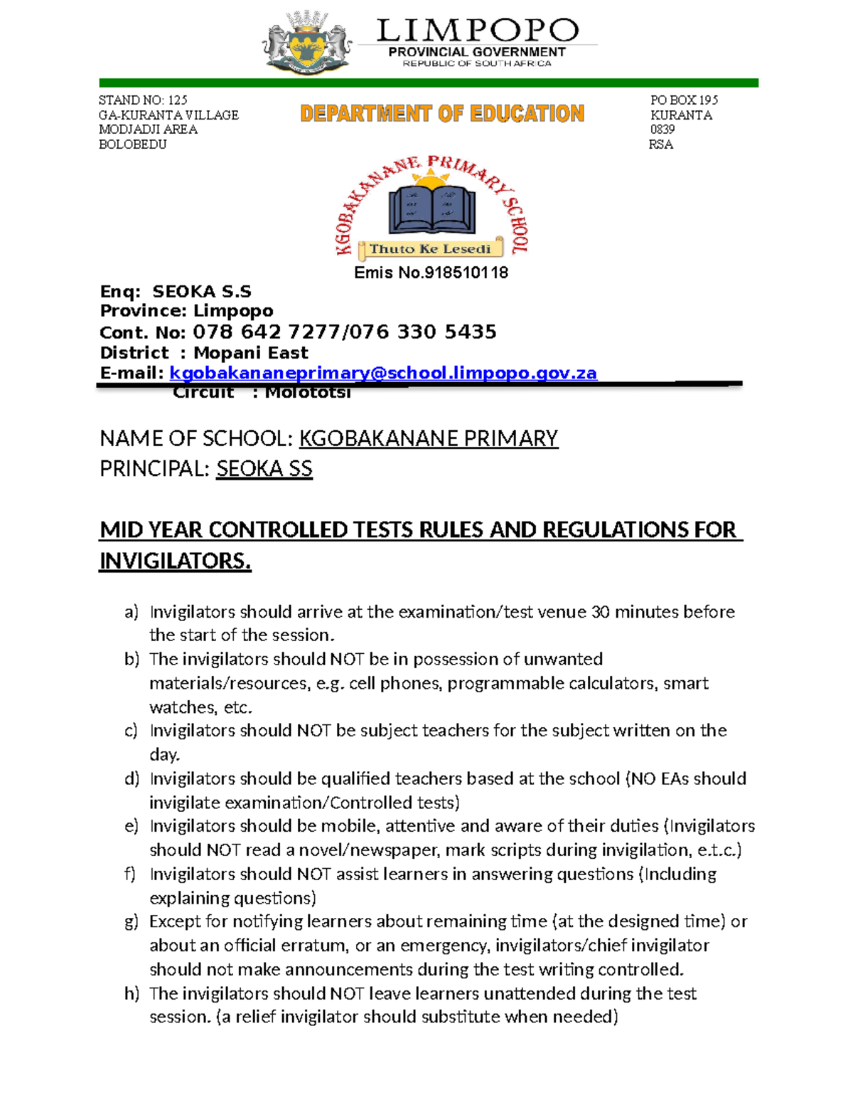 KGOBAKANANE PRIMARY Mid-Year Controlled Test Rules for Invigilators ...