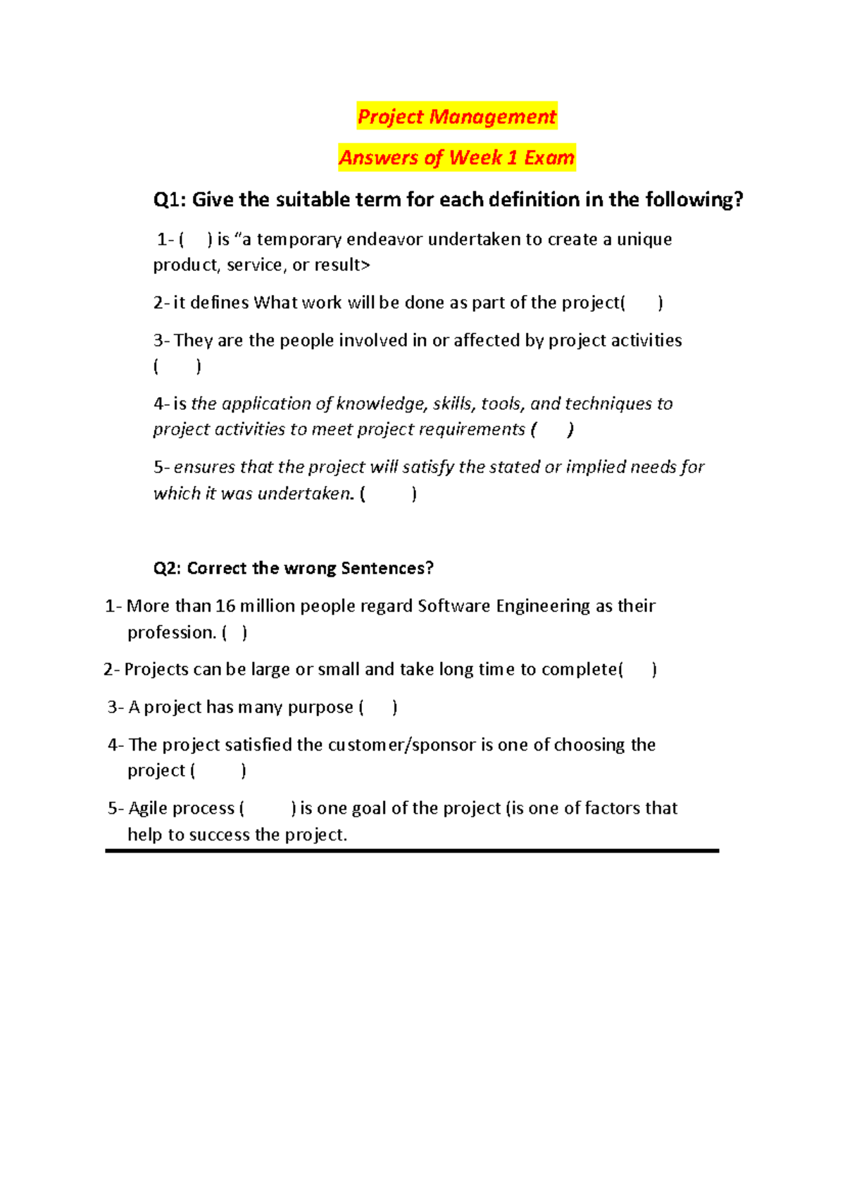 Week 1 & 2 Exam Answers for Project Management (PM 101) - Studocu