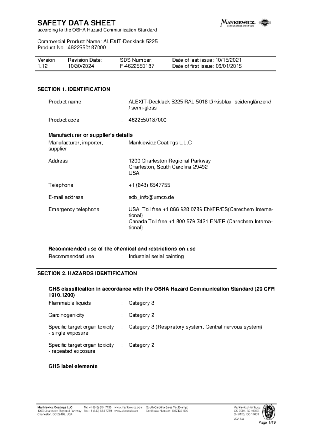 SAFETY DATA SHEET: Alexit Decklack 5225 RAL 5018 (Version 1.12) - Studocu