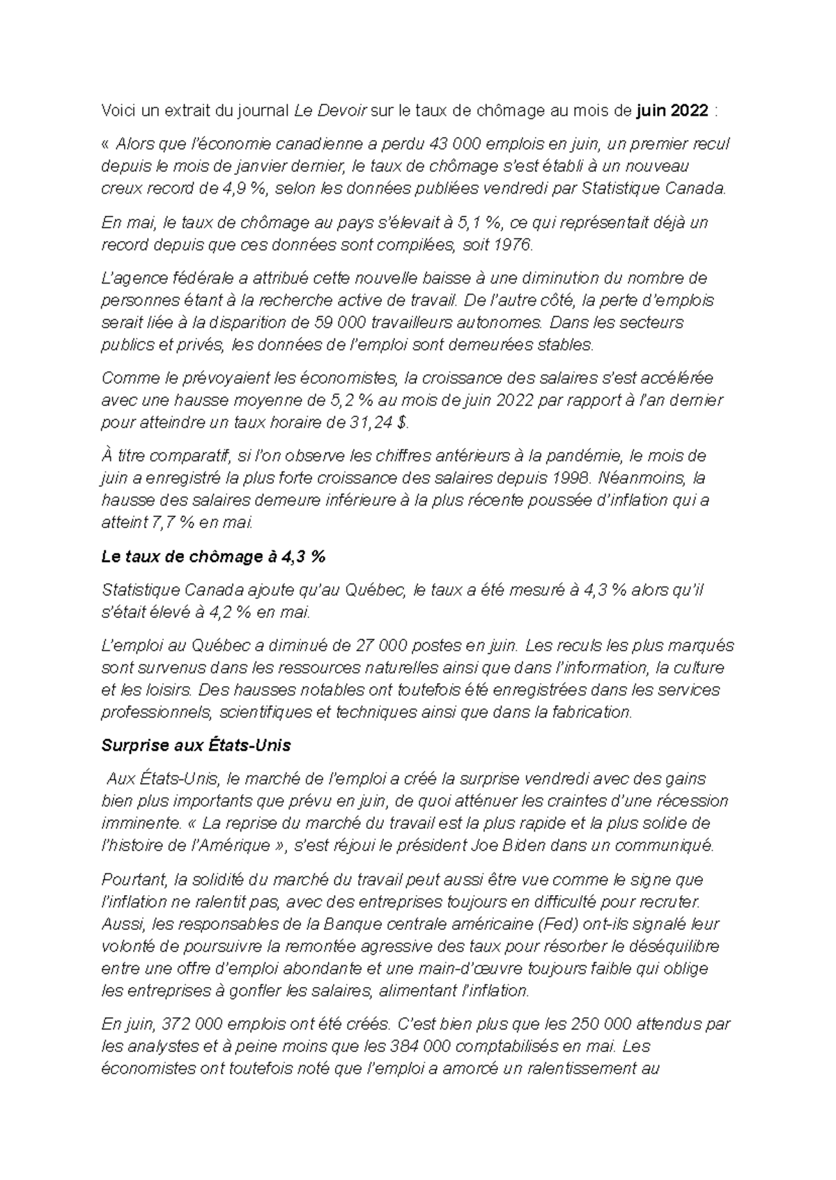 le devoir juin 2022 - Voici un extrait du journal Le Devoir sur le taux ...