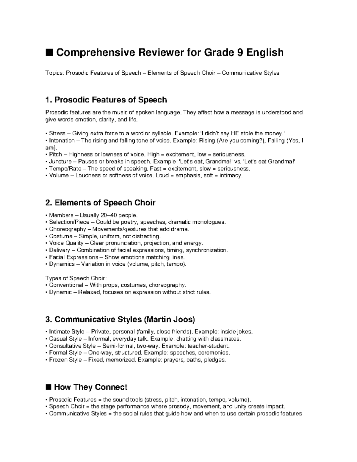 Grade 9 English Final Exam Reviewer: Prosodic Features & Speech ...
