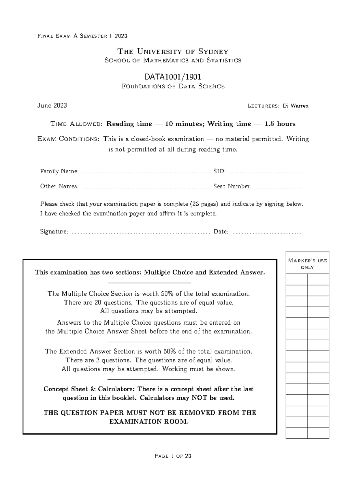 2023S1 DATA1001 Final Exam Questions and Instructions - Studocu
