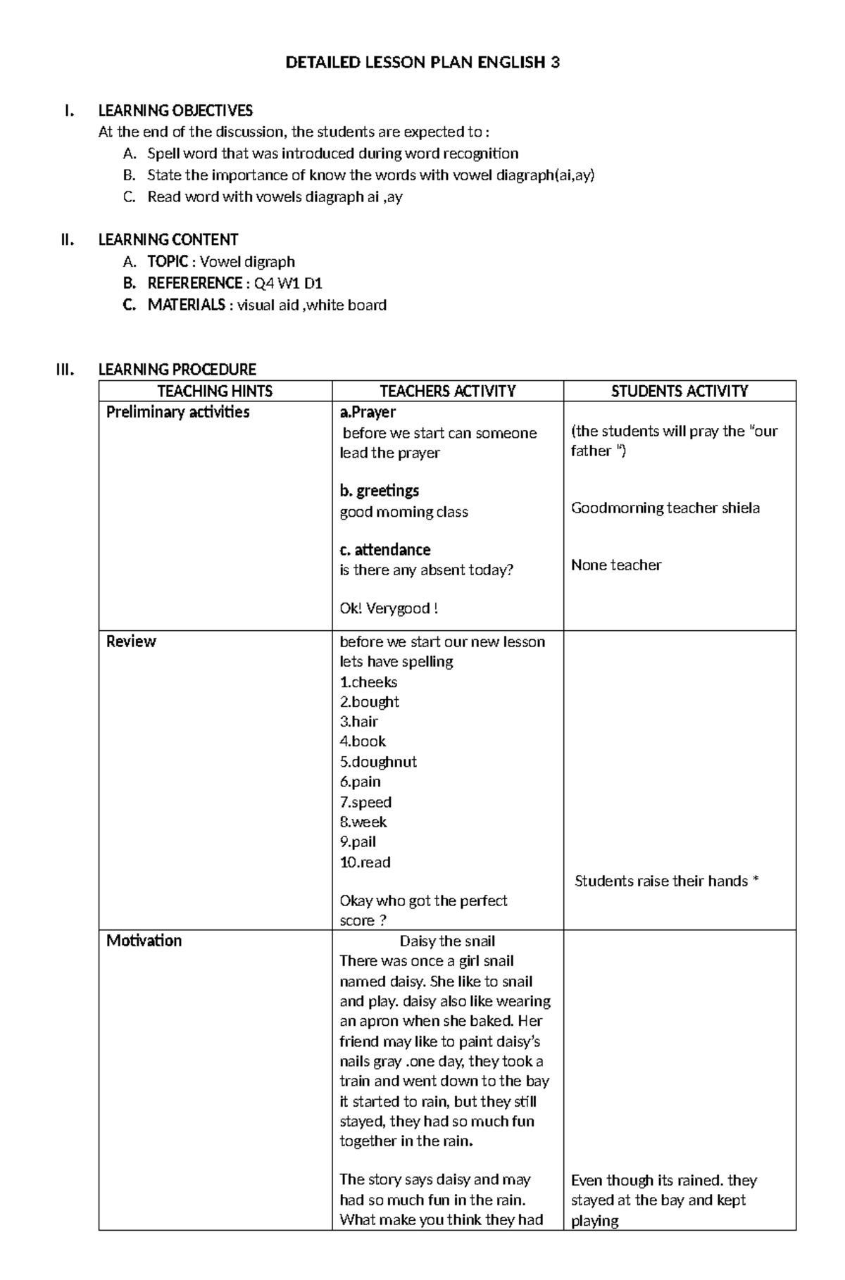 Detailed Lesson PLAN English 3 - DETAILED LESSON PLAN ENGLISH 3 I ...
