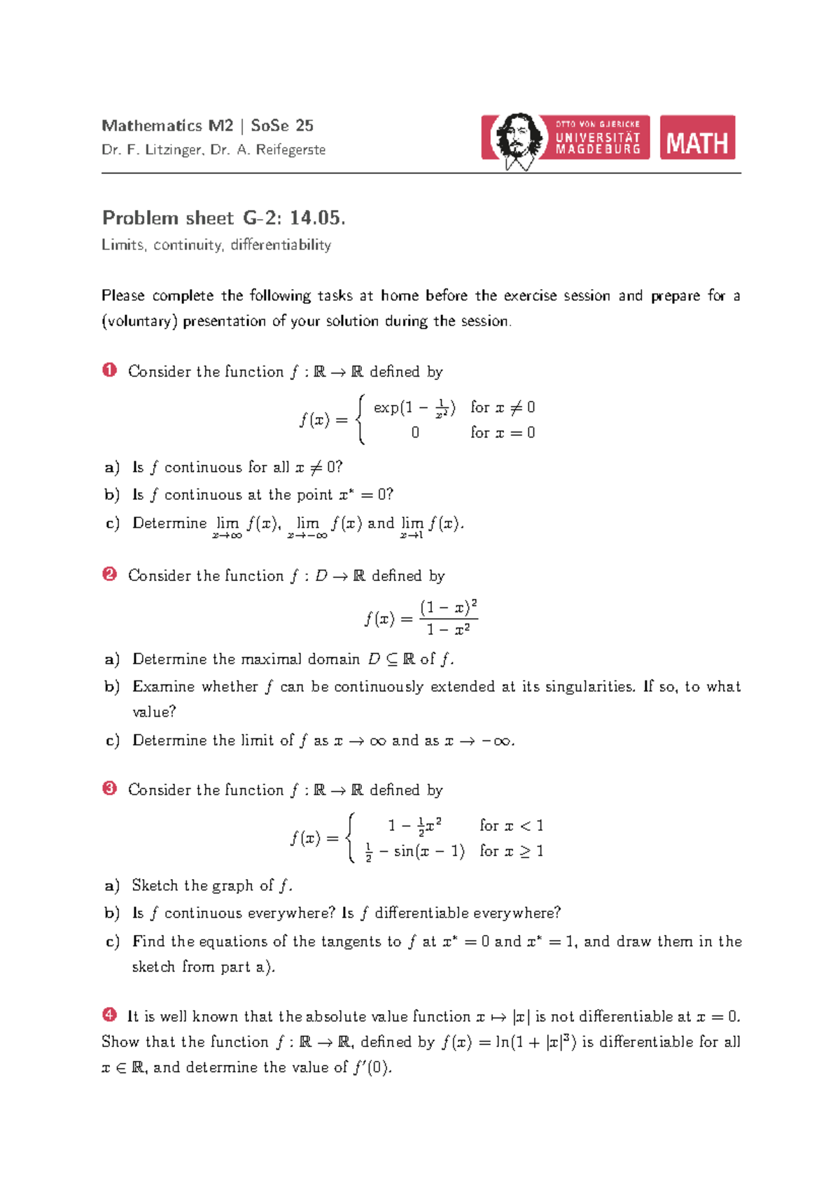 Mathematics M2 SoSe 25 Problem Sheet 14.05: Limits & Continuity - Studocu