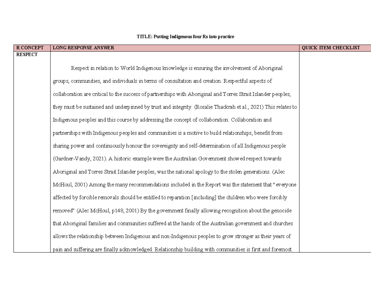 A2 Aboriginal Studies Final: Implementing the Four Rs Framework - Studocu