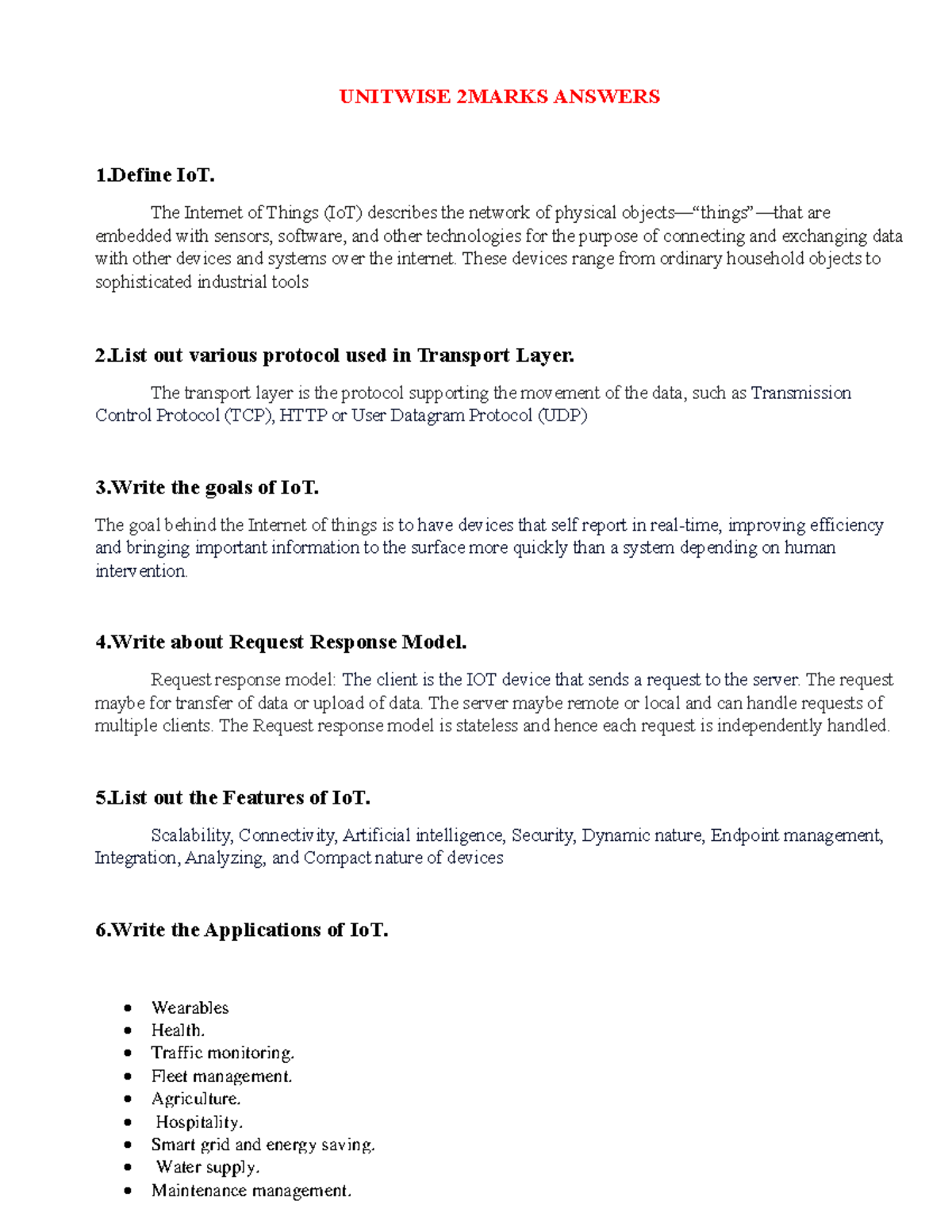 IOT NOTES - UNITWISE 2 MARKS & 4 MARKS ANSWERS - Studocu