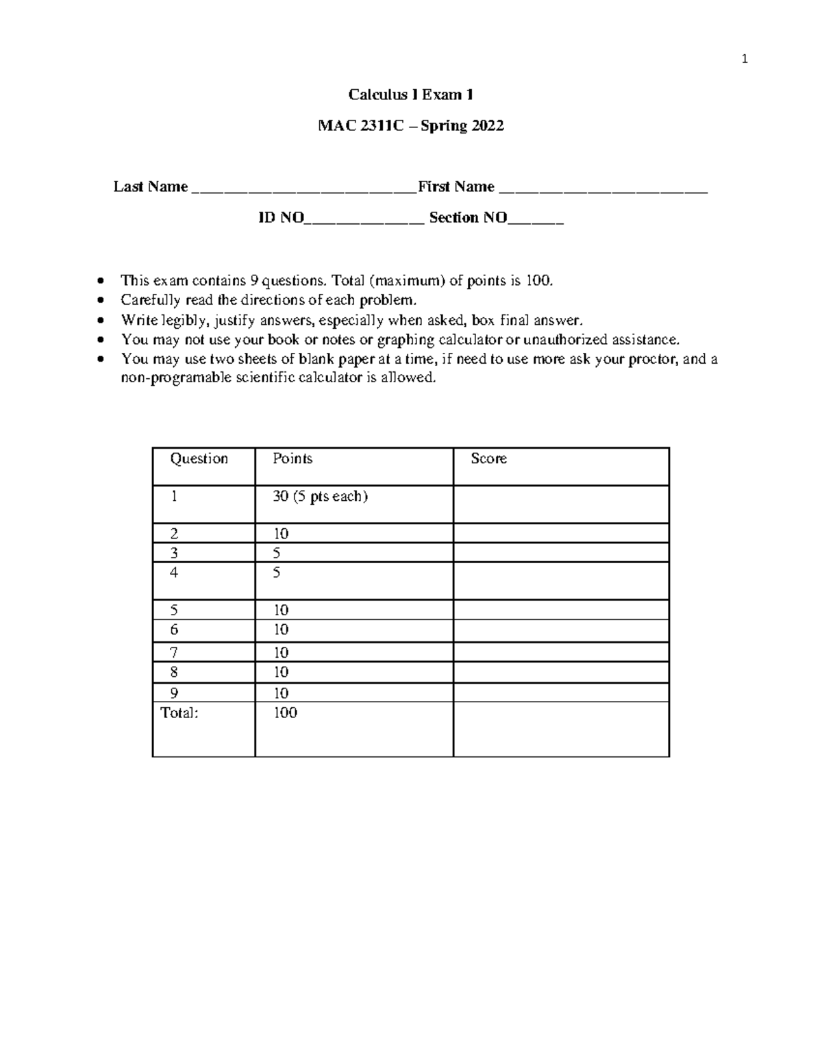 Calculus I Practice Exam MAC 2311C - Spring 2022 (Total 100 Points ...