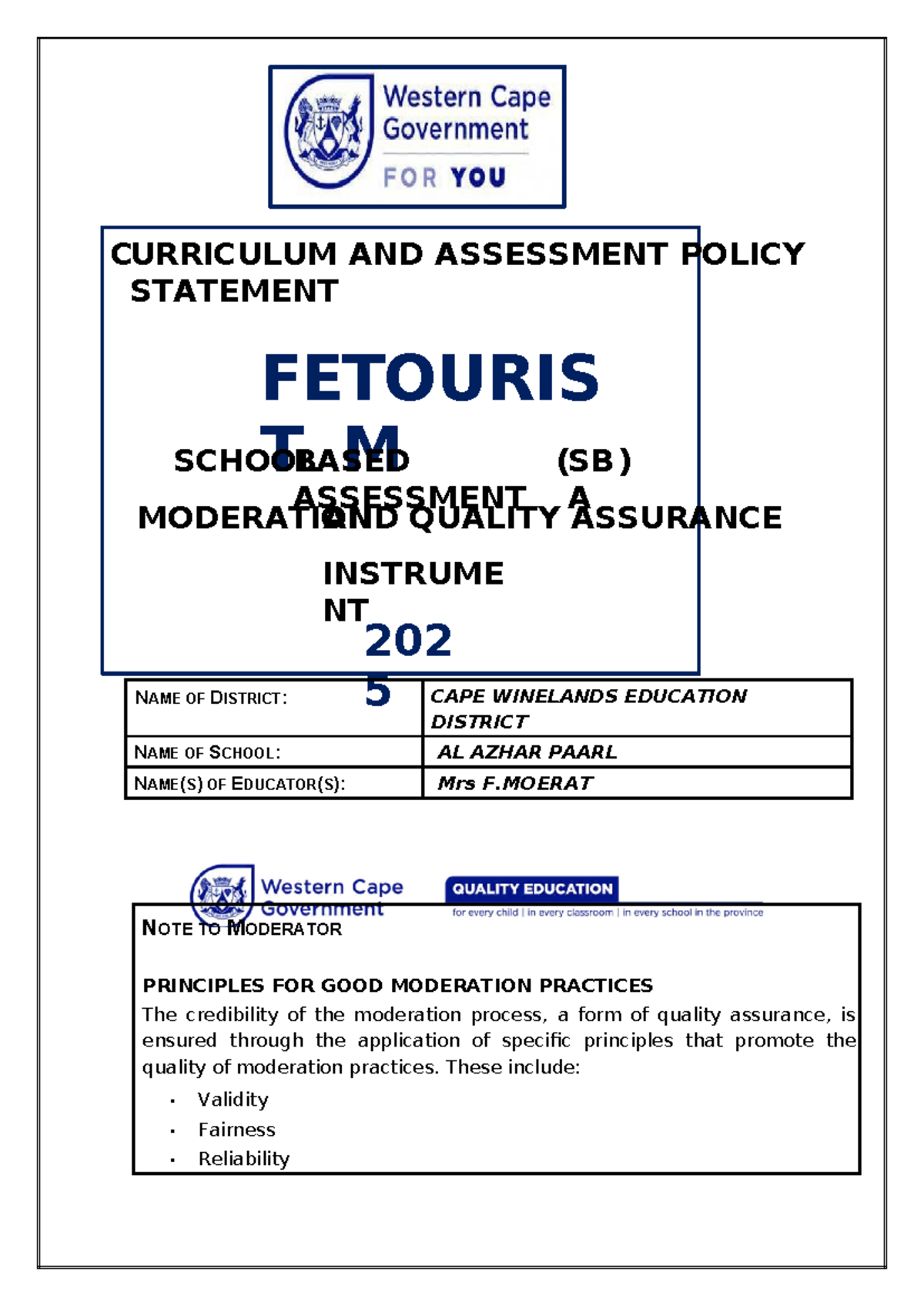 FET Tourism SBA Moderation Instrument - 2025 Guidelines and Quality ...