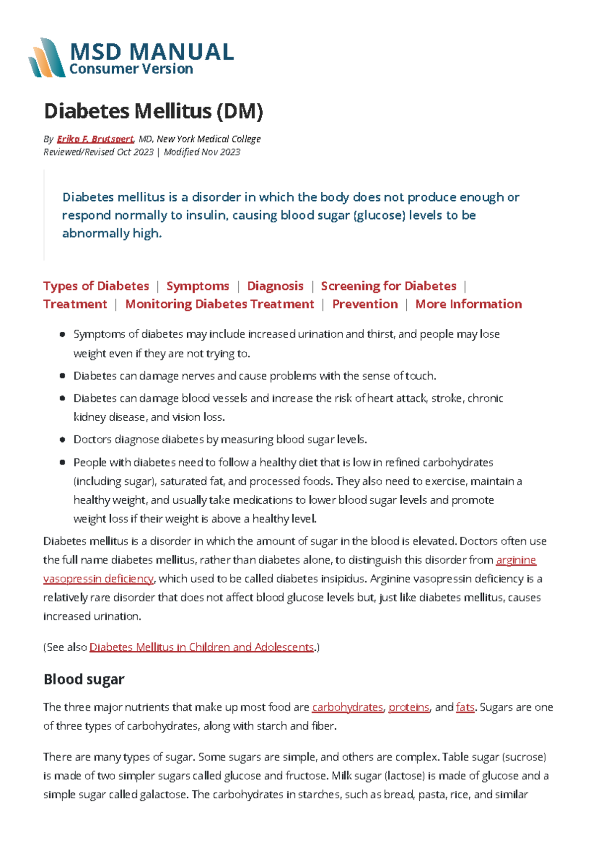 MSD MANUAL Consumer Version: Diabetes Mellitus (DM) Overview and ...