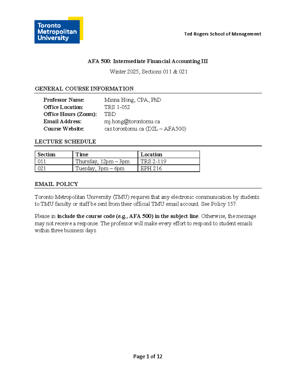 AFA 500 Course Outline: Intermediate Financial Accounting III - Winter ...