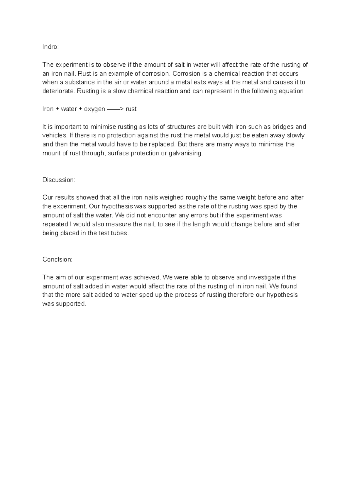 Science report - rusting - Google Docs - Indro: The experiment is to ...