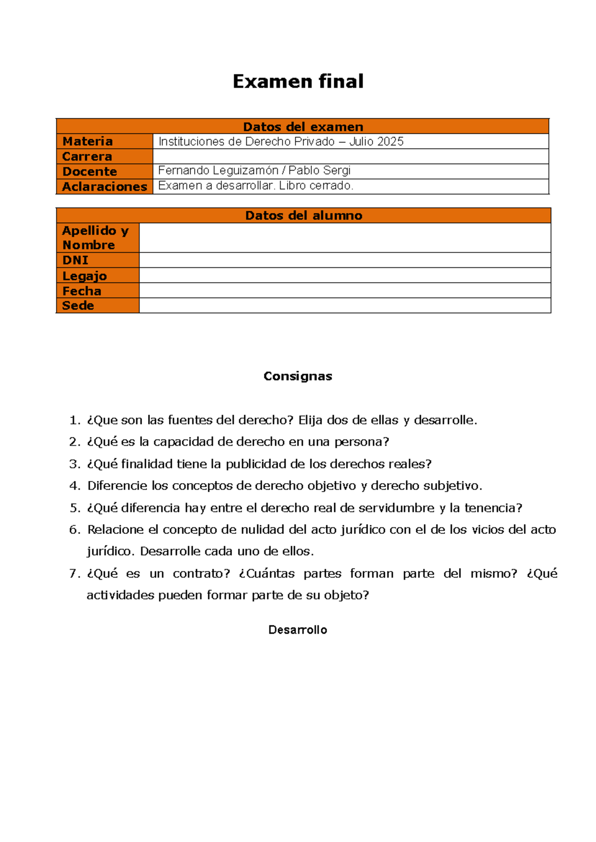 Examen Final IDPrivado - Julio 2025 - Instituciones de Derecho Privado ...