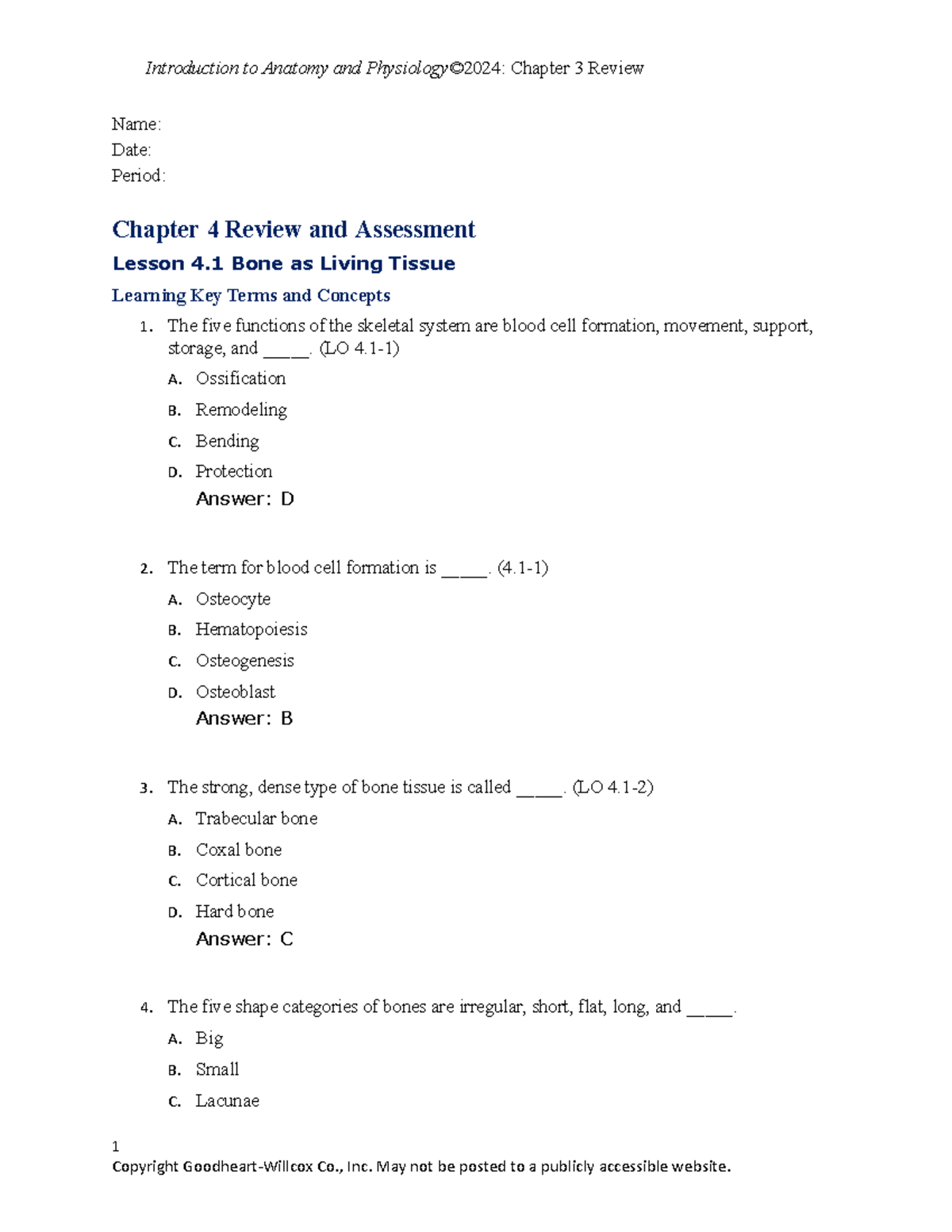 Anatomy and Physiology 2024: Chapter 4 Review & Assessment - Studocu