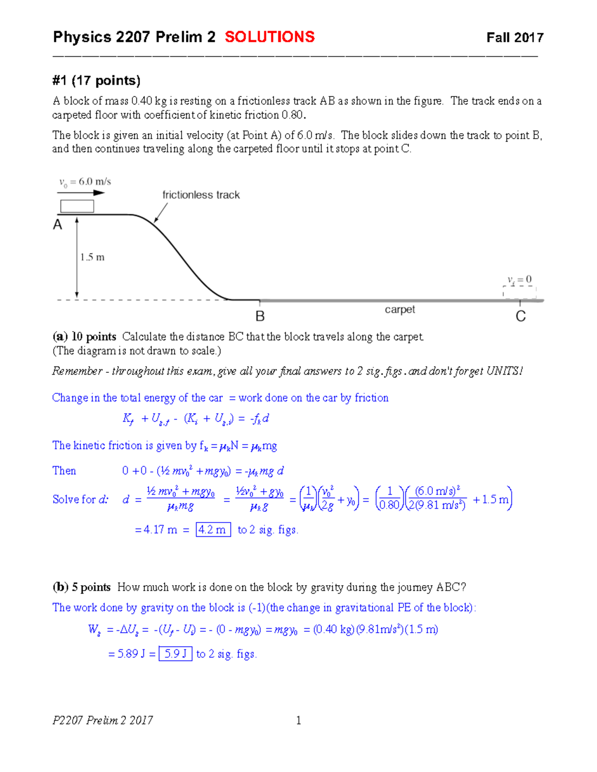P2207 Prelim 2 2017 Solutions - Physics 2207 Prelim 2 SOLUTIONS Fall ...