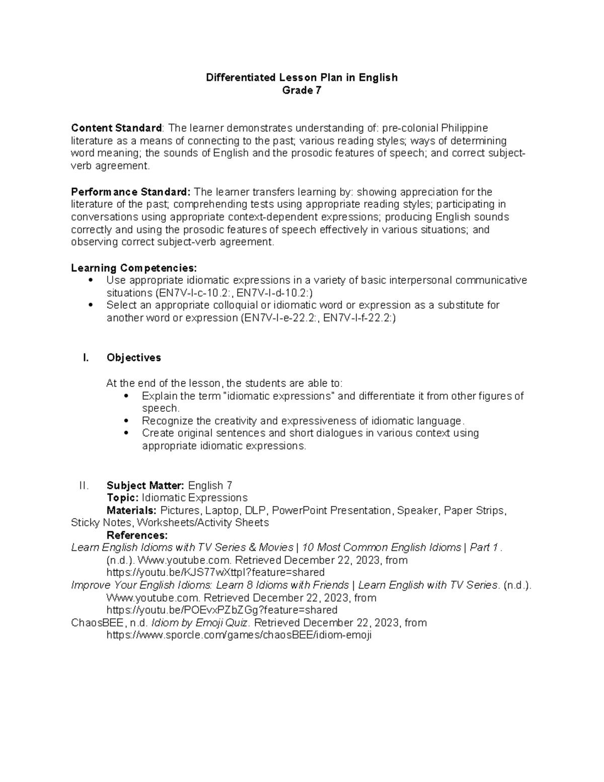 Differentiated English 7 Lesson Plan on Idiomatic Expressions - Studocu