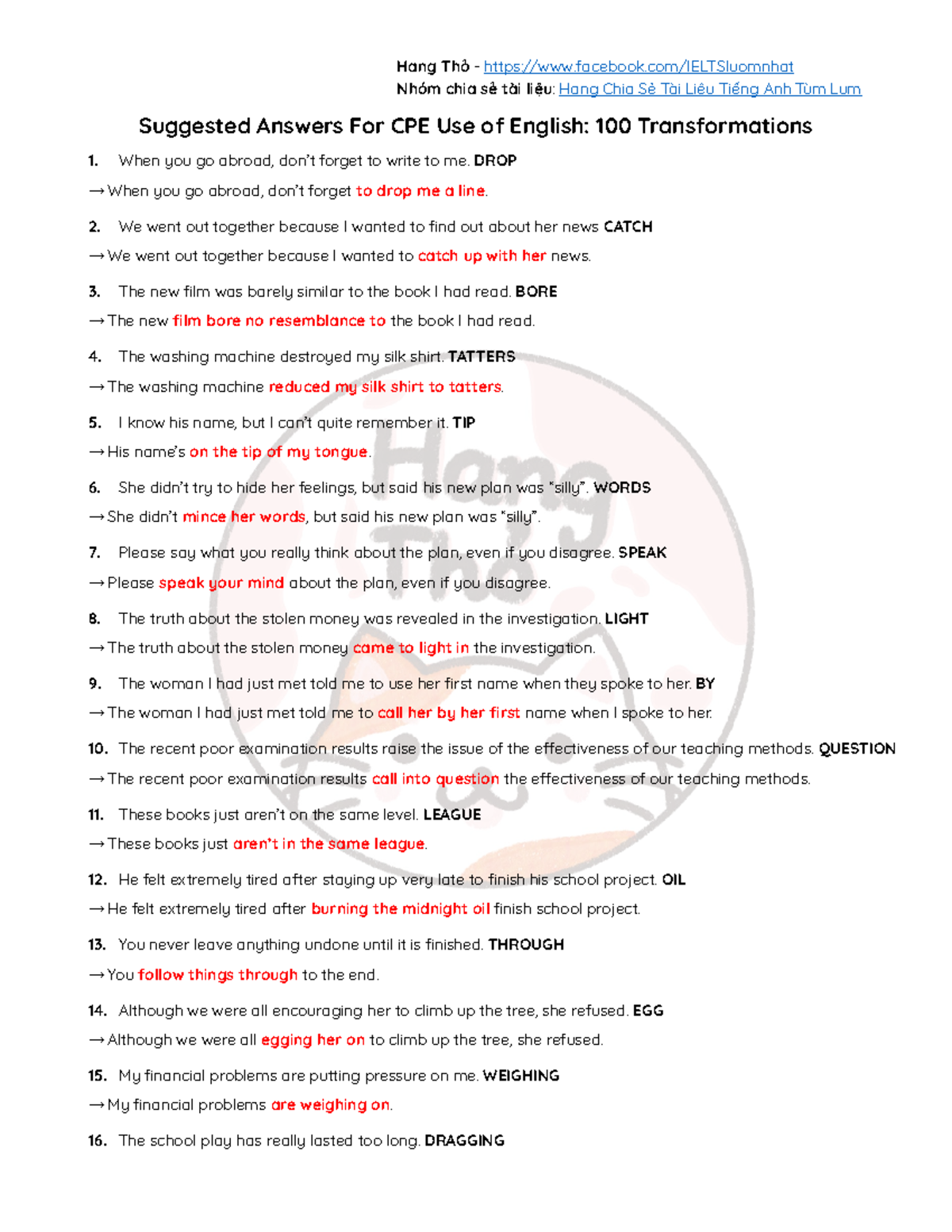 CPE Use of English: 100 Transformations Answers Collection - Studocu