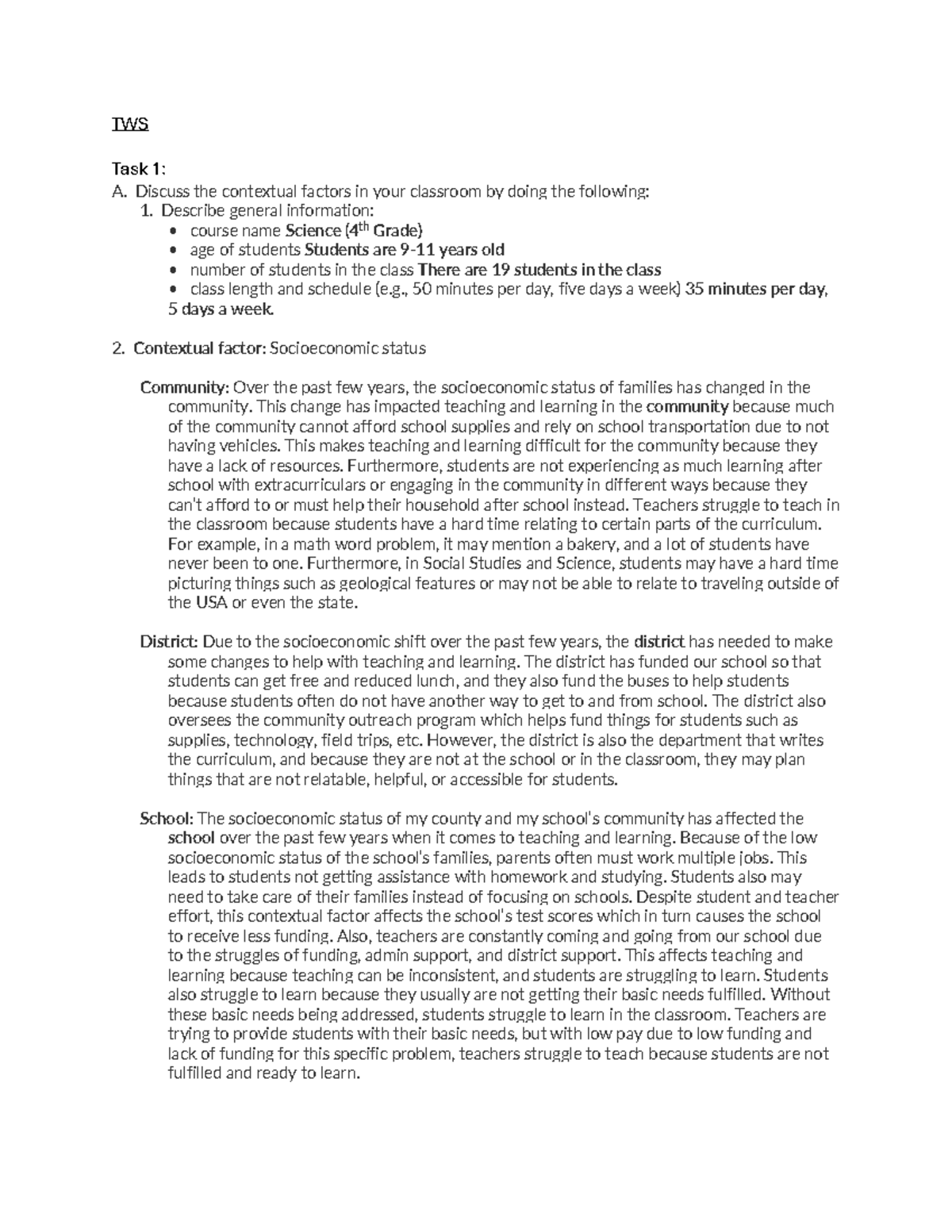 TWS Task 1: Analyzing Contextual Factors in 4th Grade Science Class ...