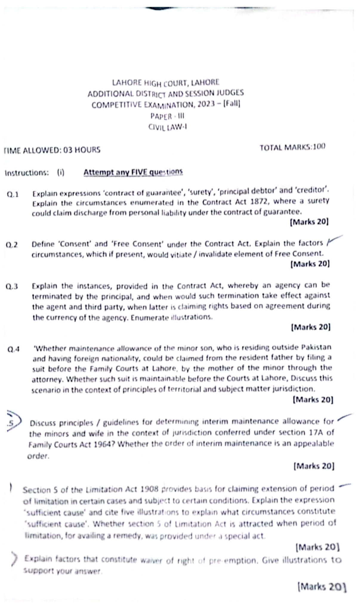 LAHORE HIGH COURT ADDITIONAL DISTRICT JUDGES EXAM 2023 PAPER - Studocu