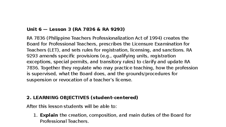 Unit 6 Lesson 3: Overview of RA 7836 & RA 9293 (Philippine Teachers Act ...