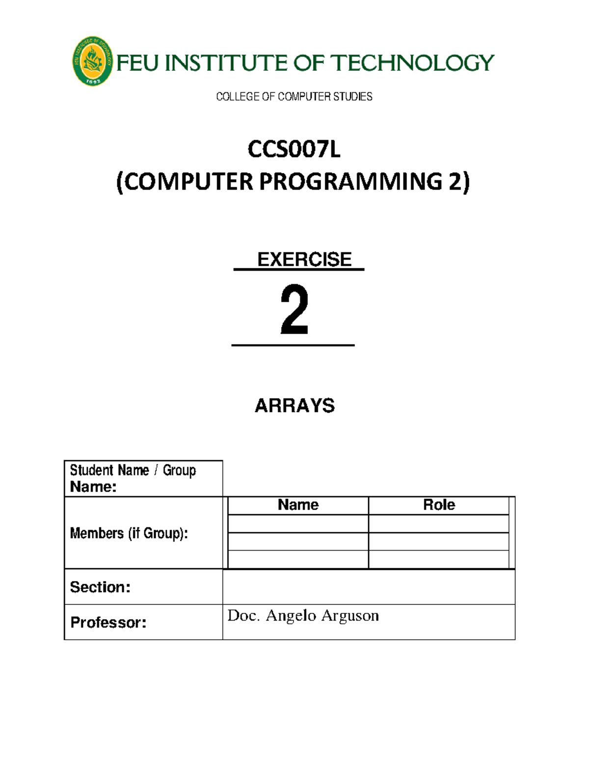 CCS007L C++ Lab Exercise 2: Working with Arrays and Their Applications ...