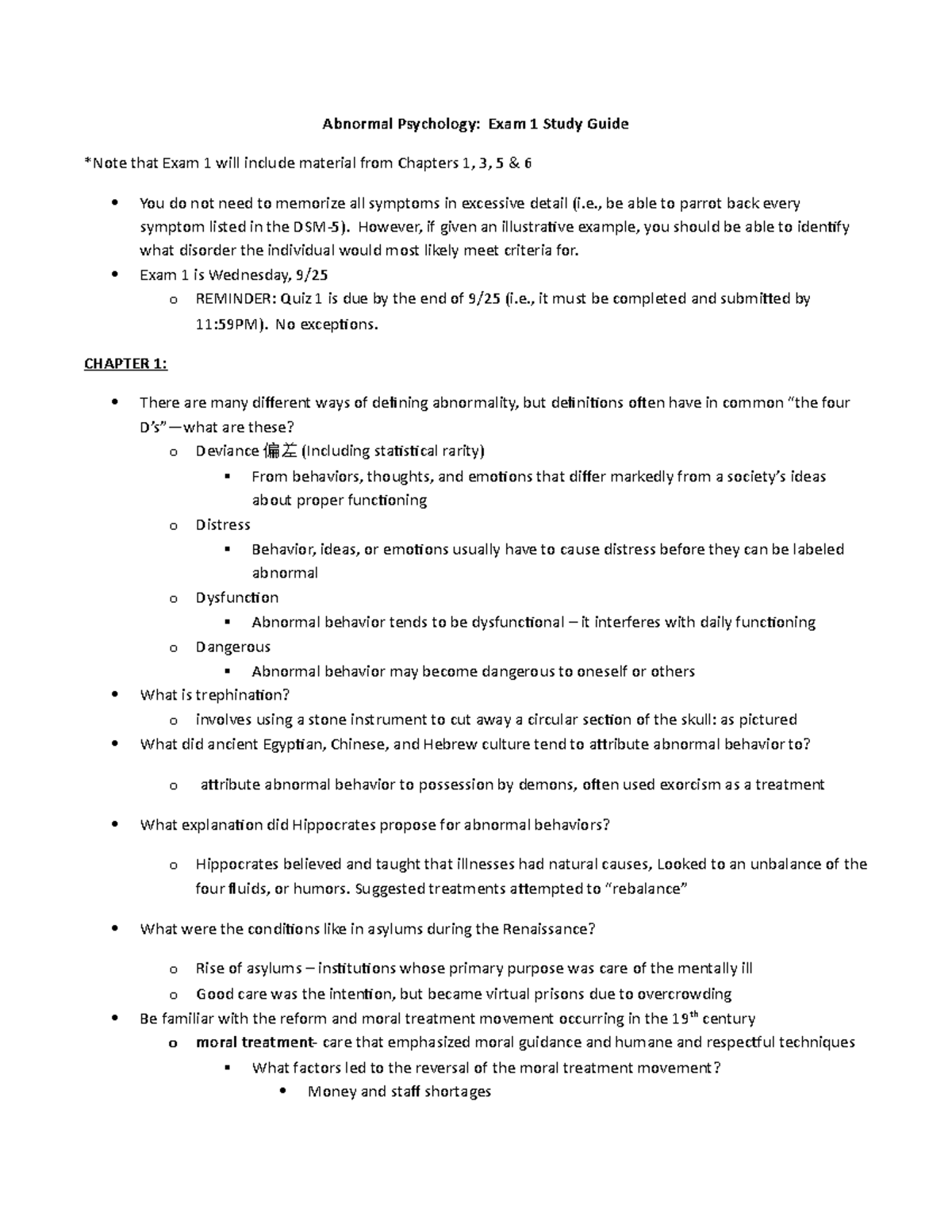 Abnormal Psychology Exam 1 Study Guide - Fall 2019 Review - Studocu