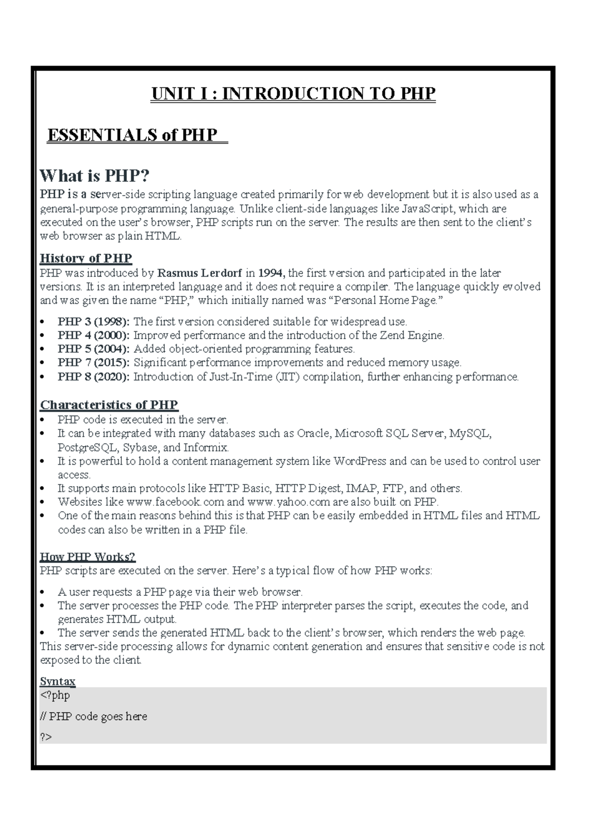PHP -I unit notes - nil - UNIT I : INTRODUCTION TO PHP ESSENTIALS of ...