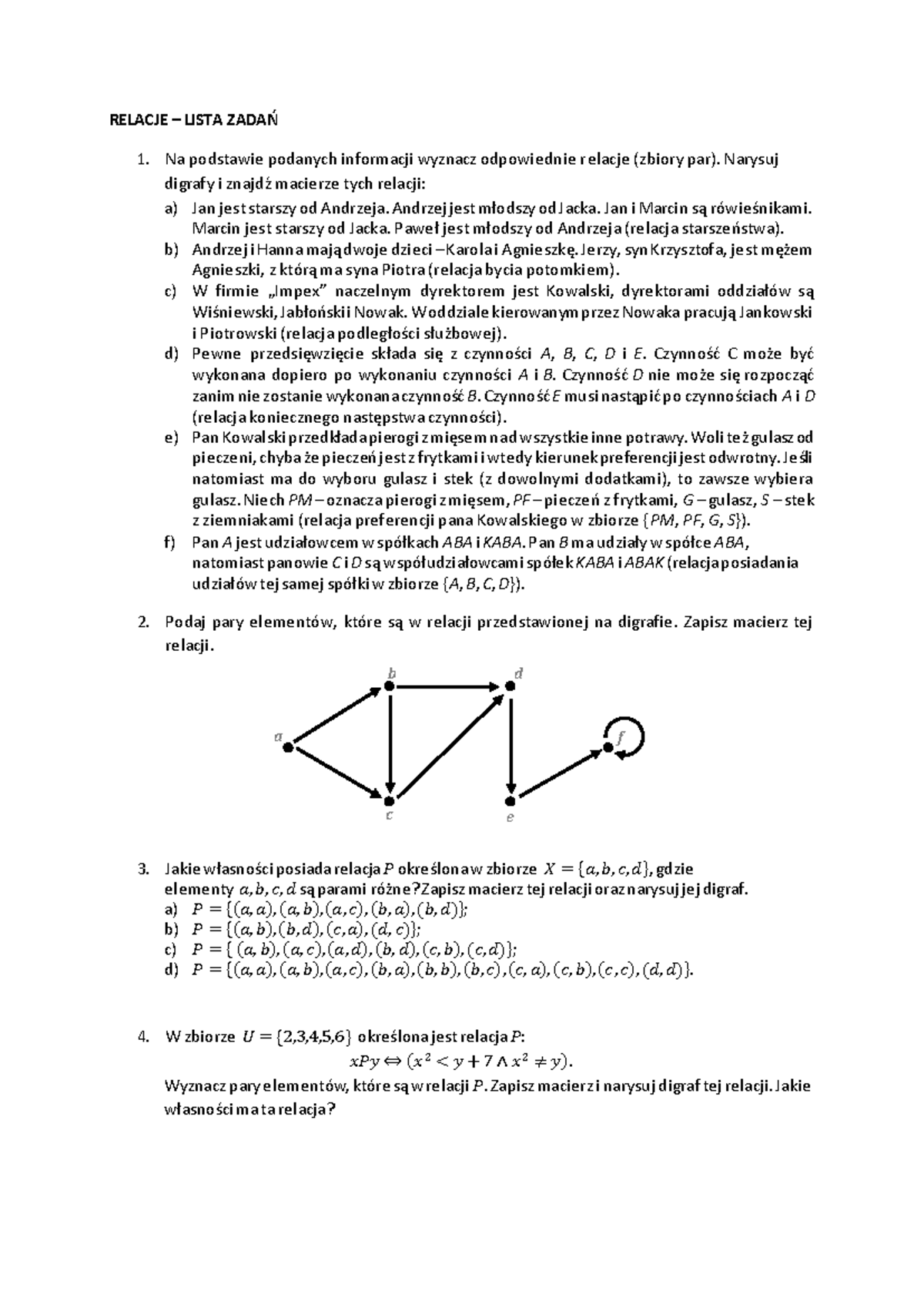 Relacje w matematyce - Lista zadań na zajęcia - Matma - Studocu