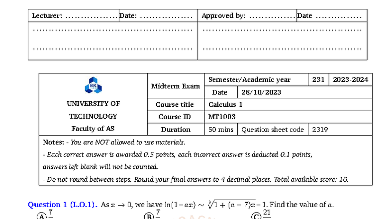 Midterm Exam MT1003 - Calculus 1 Question Sheet 2319 - Studocu