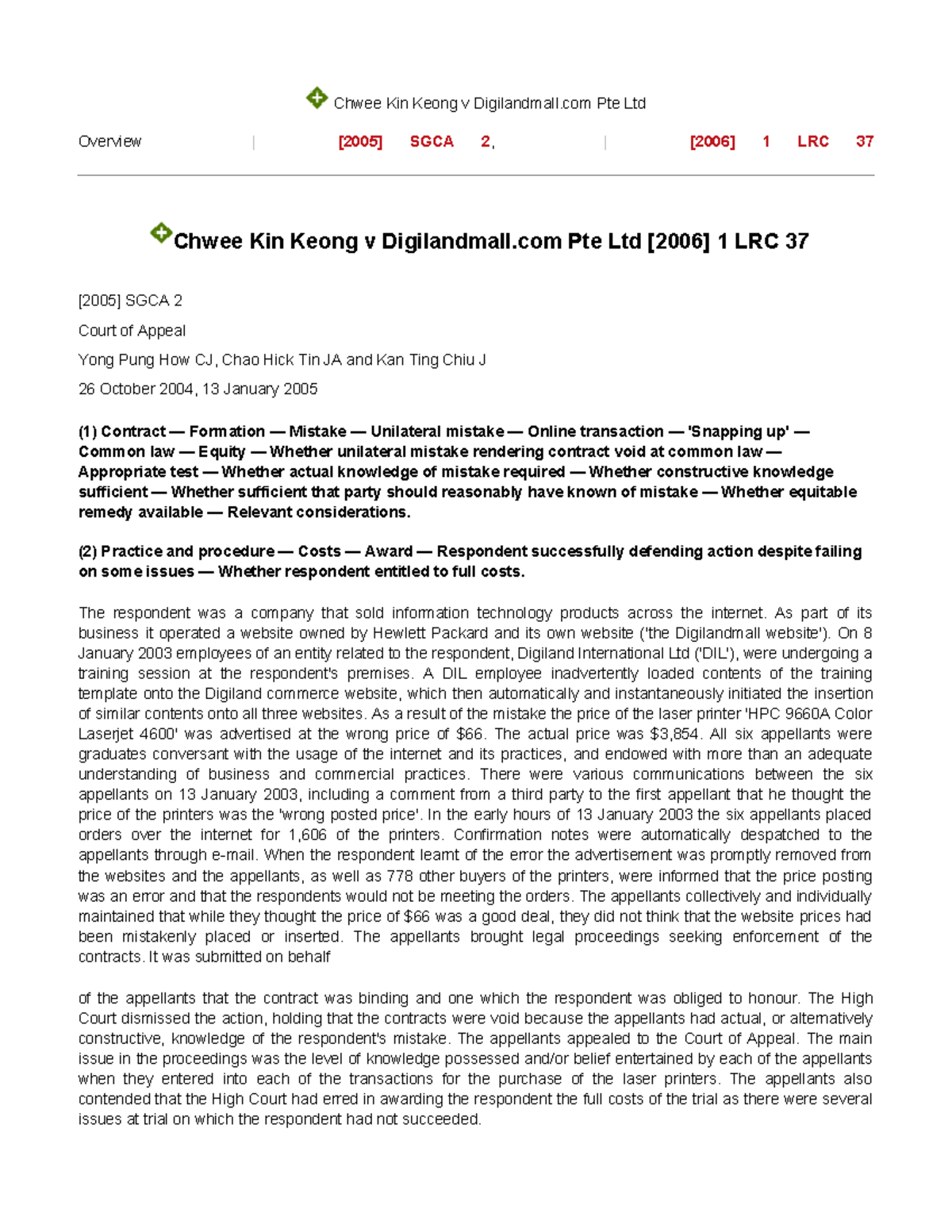 Chwee Kin Keong v Digilandmall Pte Ltd: Unilateral Mistake in Contracts ...