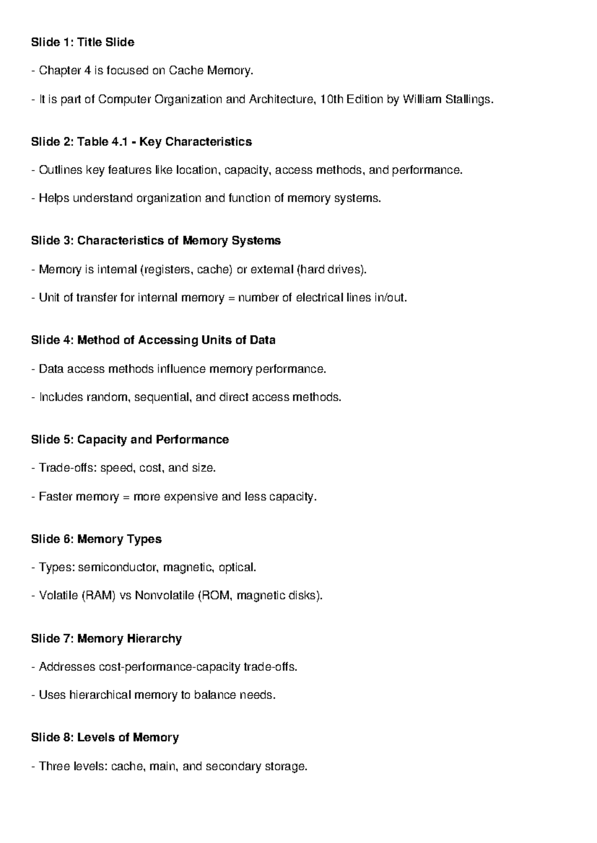Cache Memory Slides 1 to 14 Notes - Slide 1: Title Slide Chapter 4 is ...