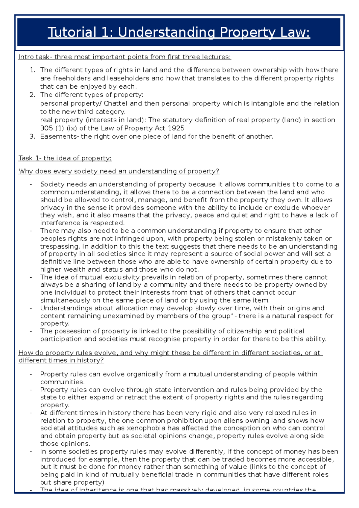 Tutorial 1: Key Concepts in Property and Property Law - Studocu