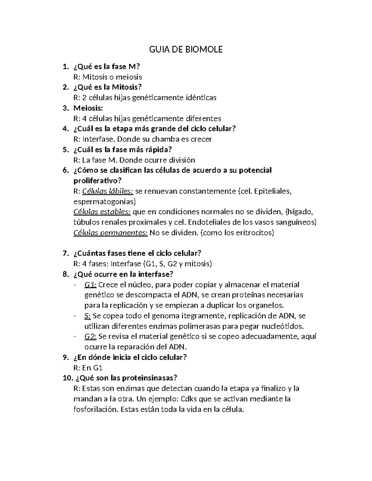 GUIA DE Biomole - GUIA DE BIOMOLE ¿Qué es la fase M? R: Mitosis o ...