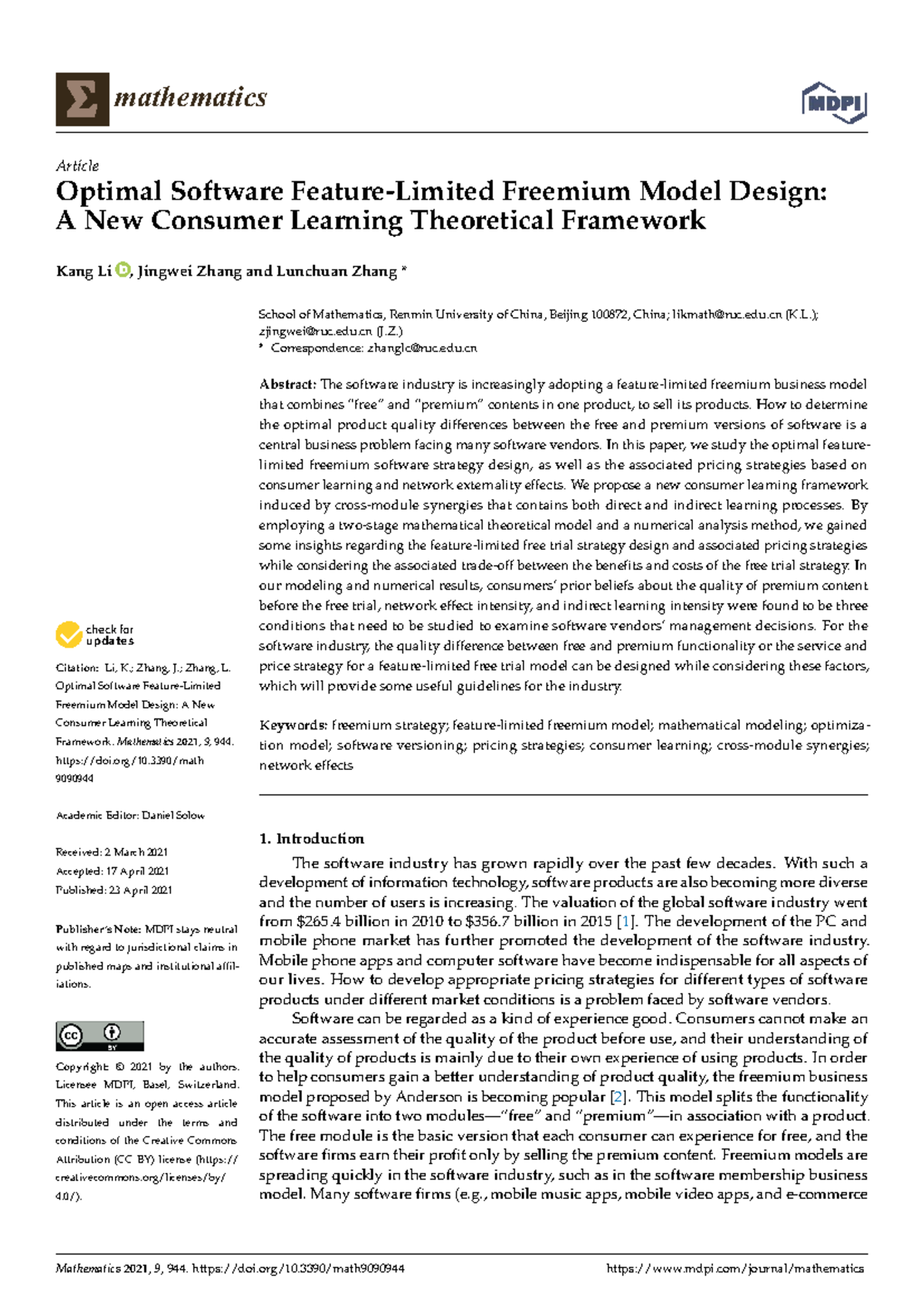 Mathematics 2021: Optimal Freemium Model Design and Consumer Learning ...