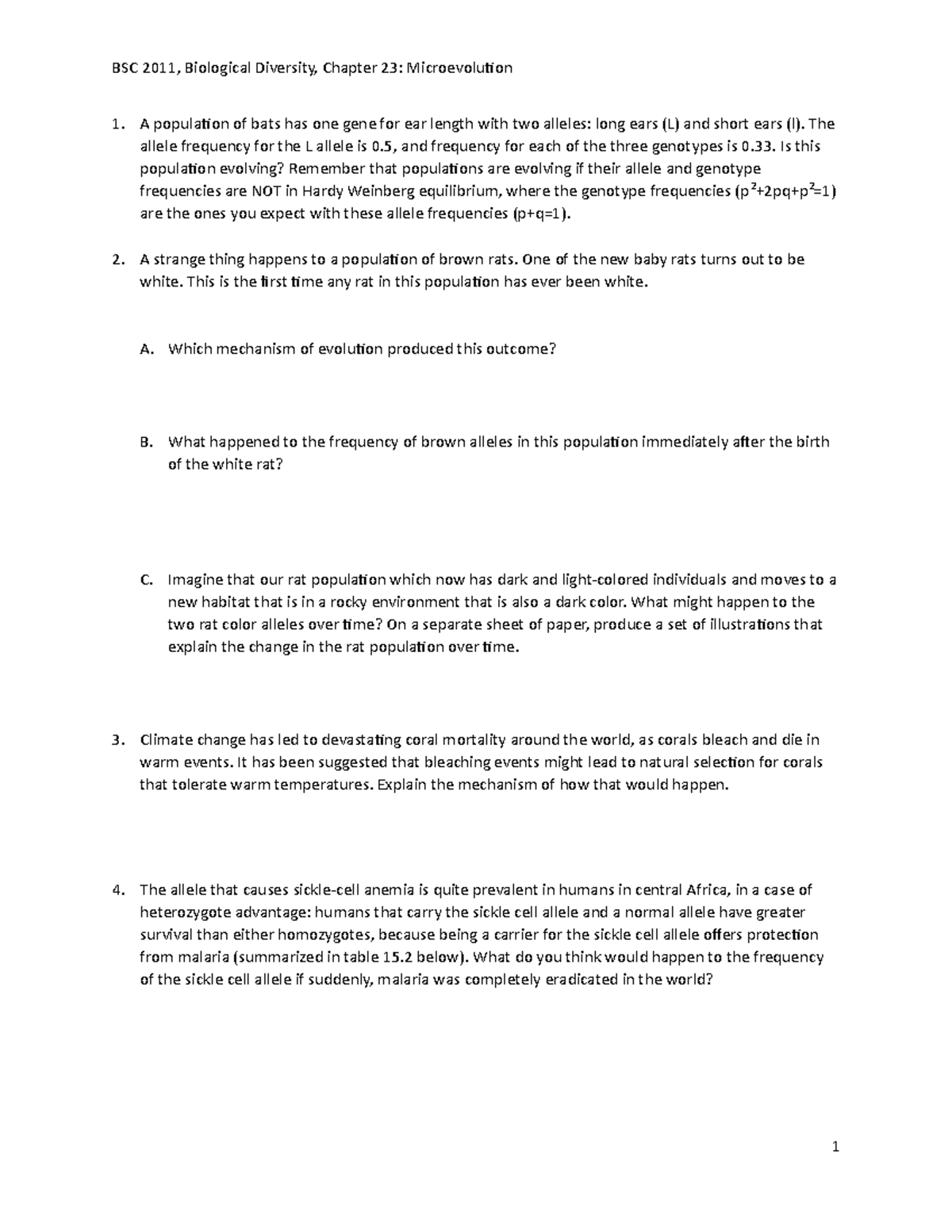 23 Microevolution Worksheet In class - BSC 2011, Biological Diversity ...