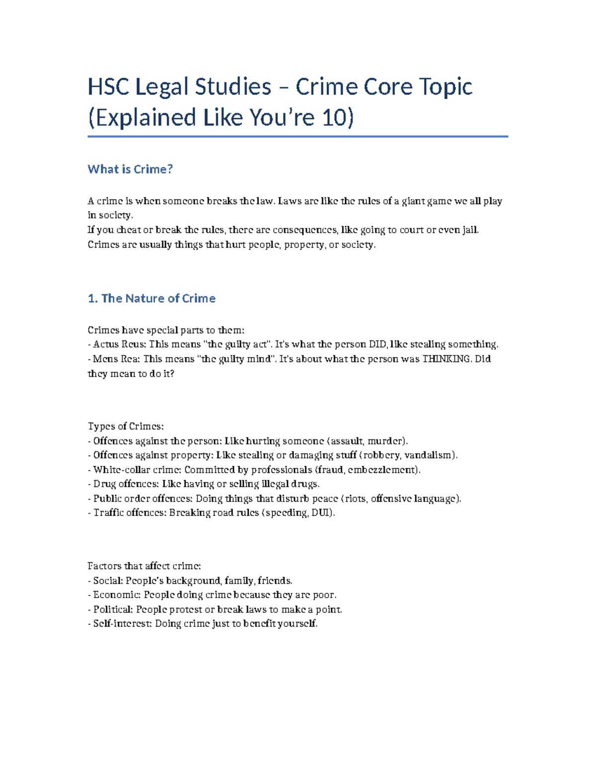 HSC Legal Studies Crime Core Topic: Explained Like You're 10 - Studocu
