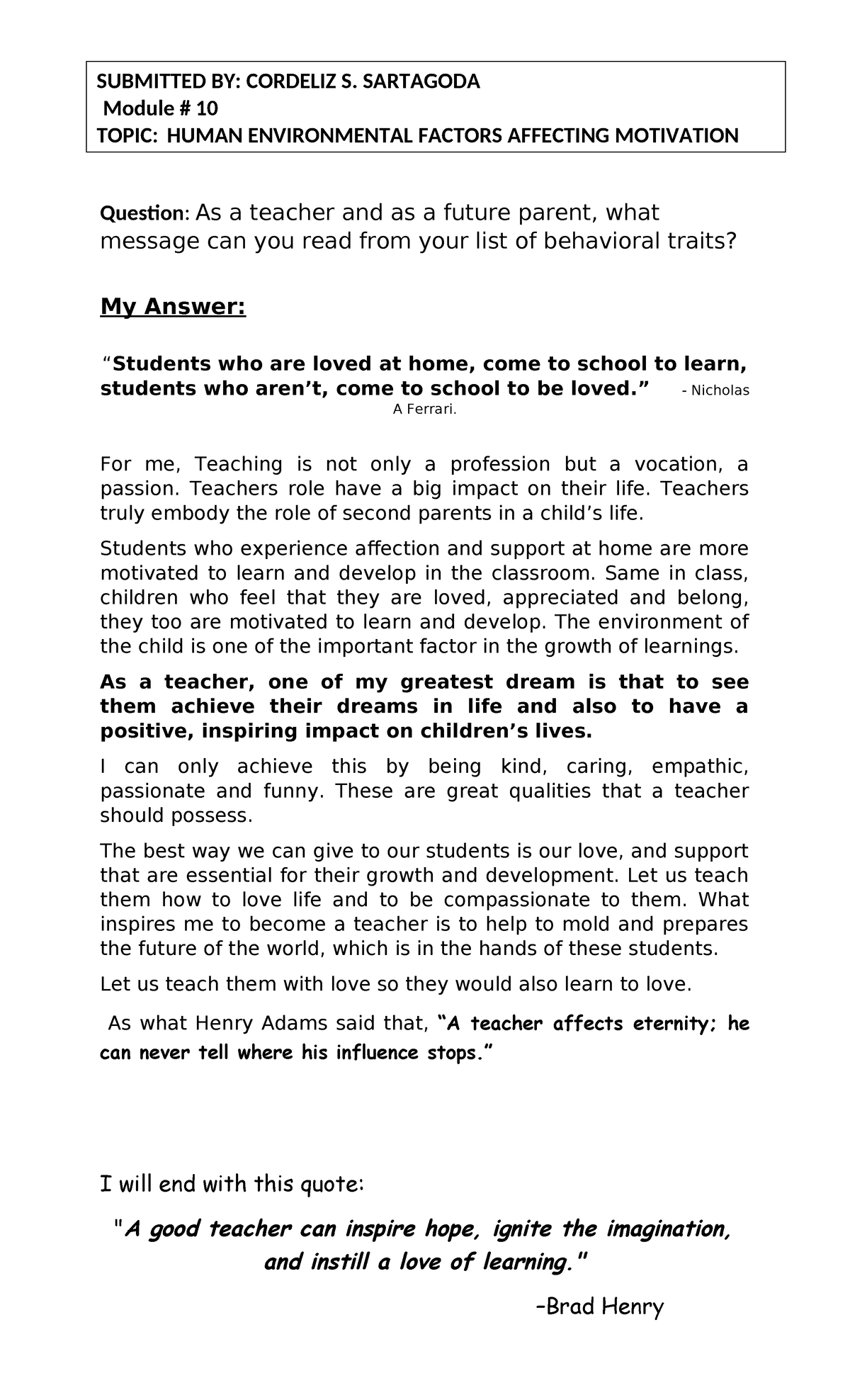 Module #10 - Teaching: Human Environmental Factors in Motivation - Studocu