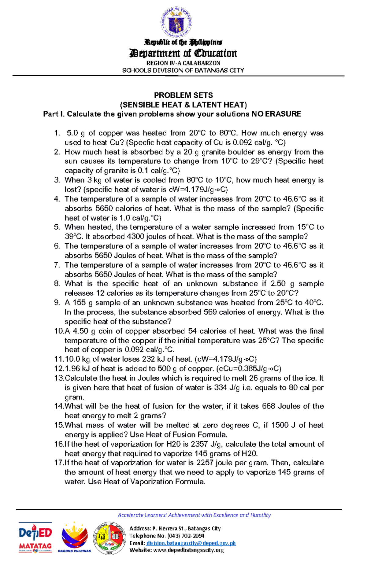 Problem Set A: Sensible and Latent Heat Calculations (Genchemii) - Studocu