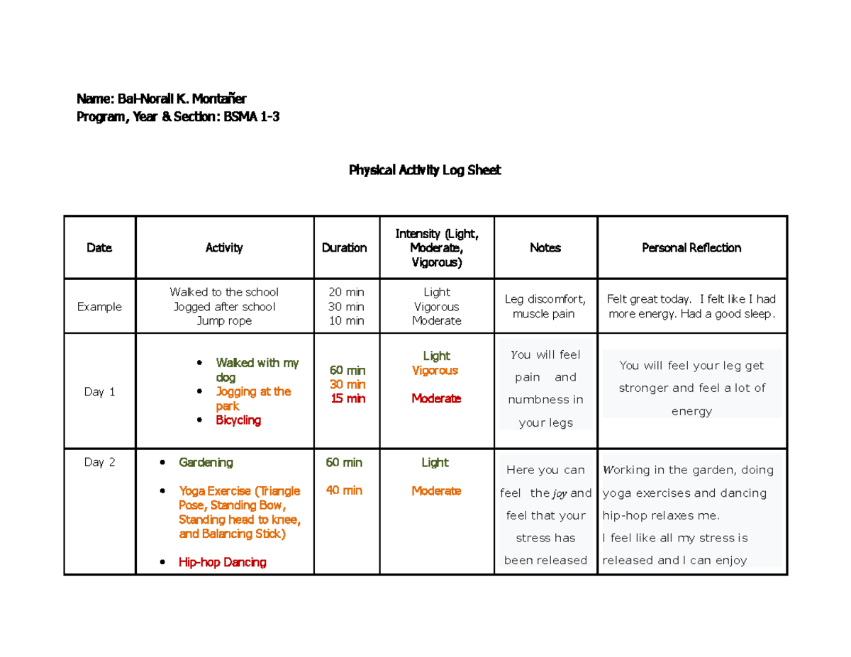 Physical Activity Log Sheet for BSMA 1- Students - Studocu