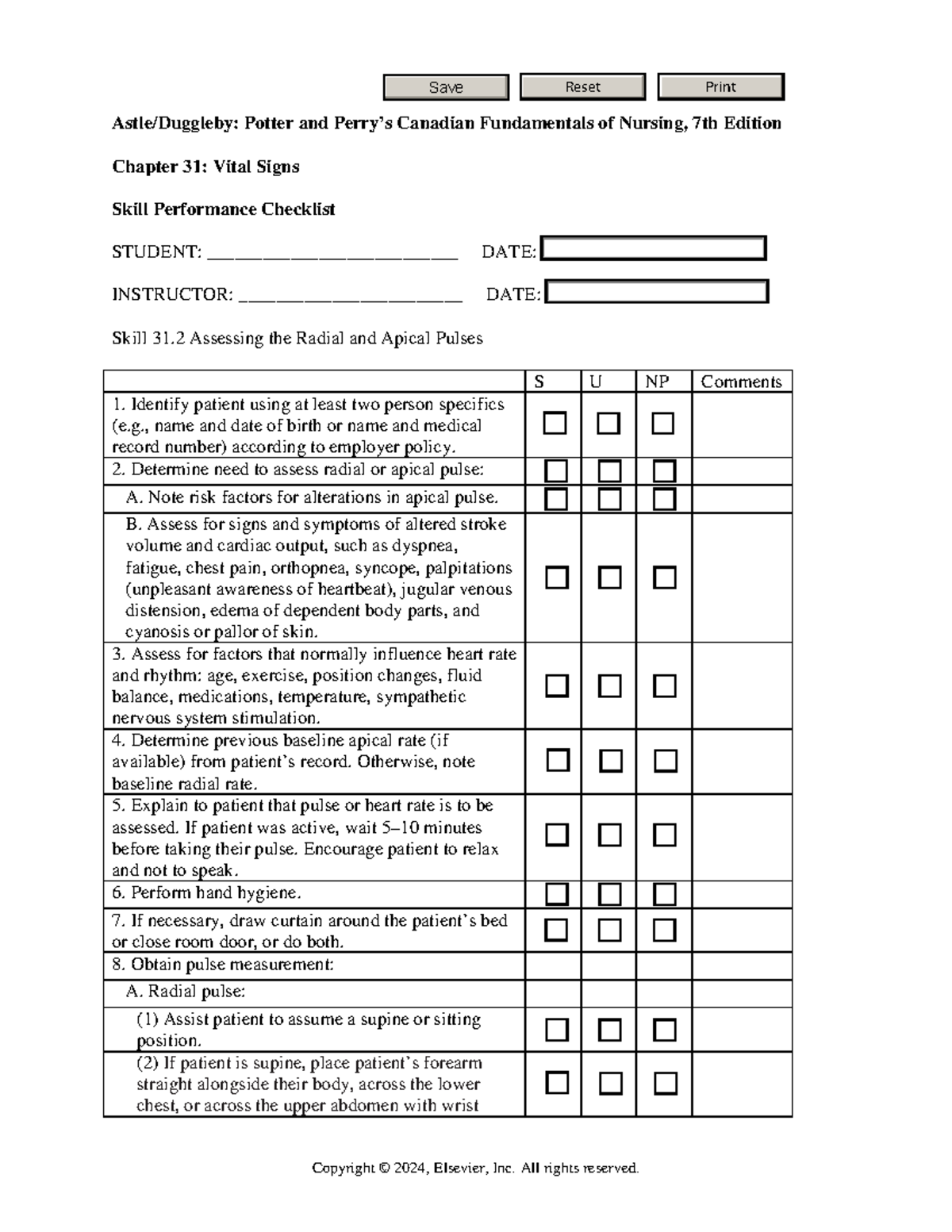 NURS 101: Vital Signs Skill Performance Checklist - Chapter 31 - Studocu