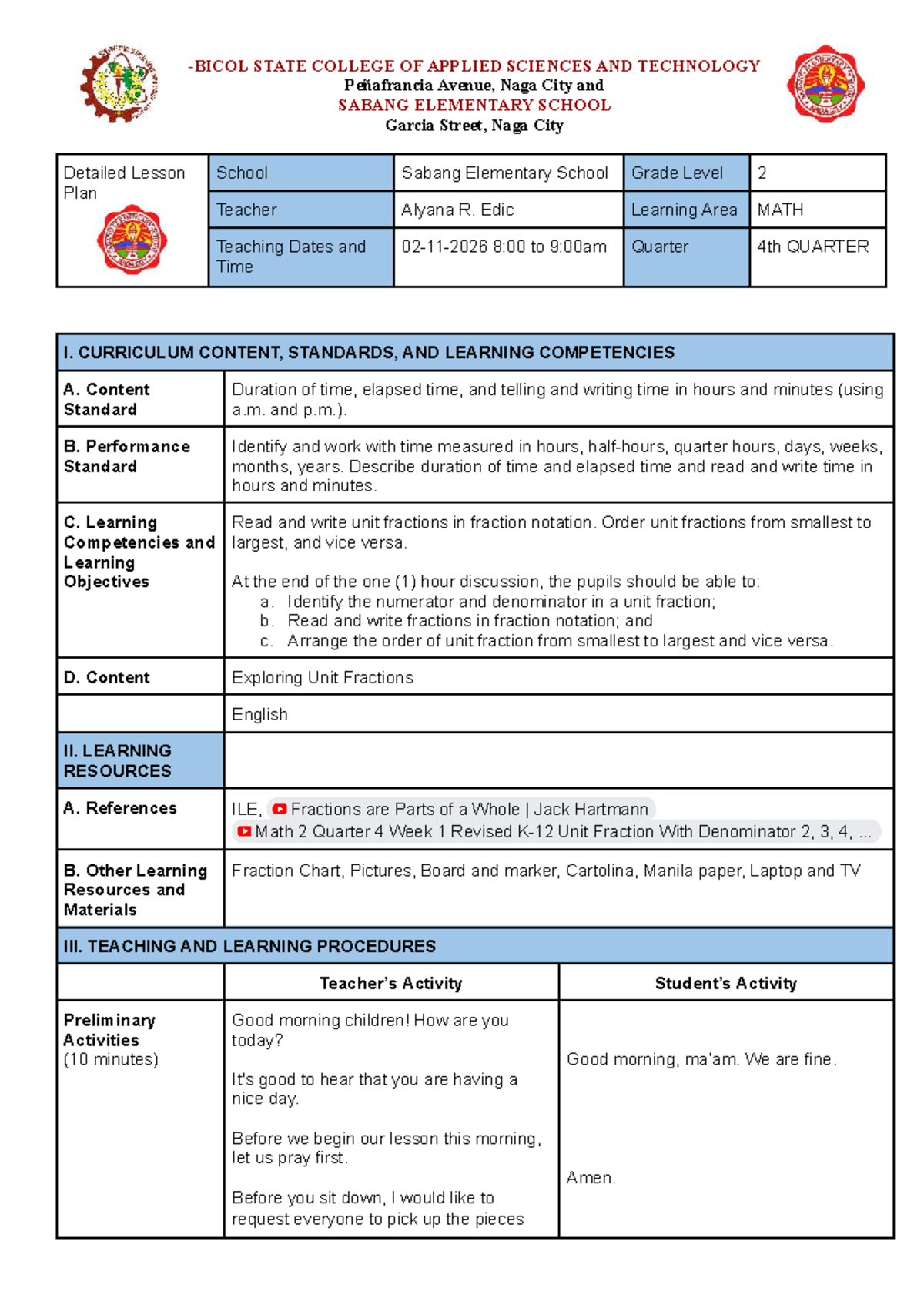 MATH 2 Detailed Lesson Plan on Unit Fractions for Grade 2 - Studocu