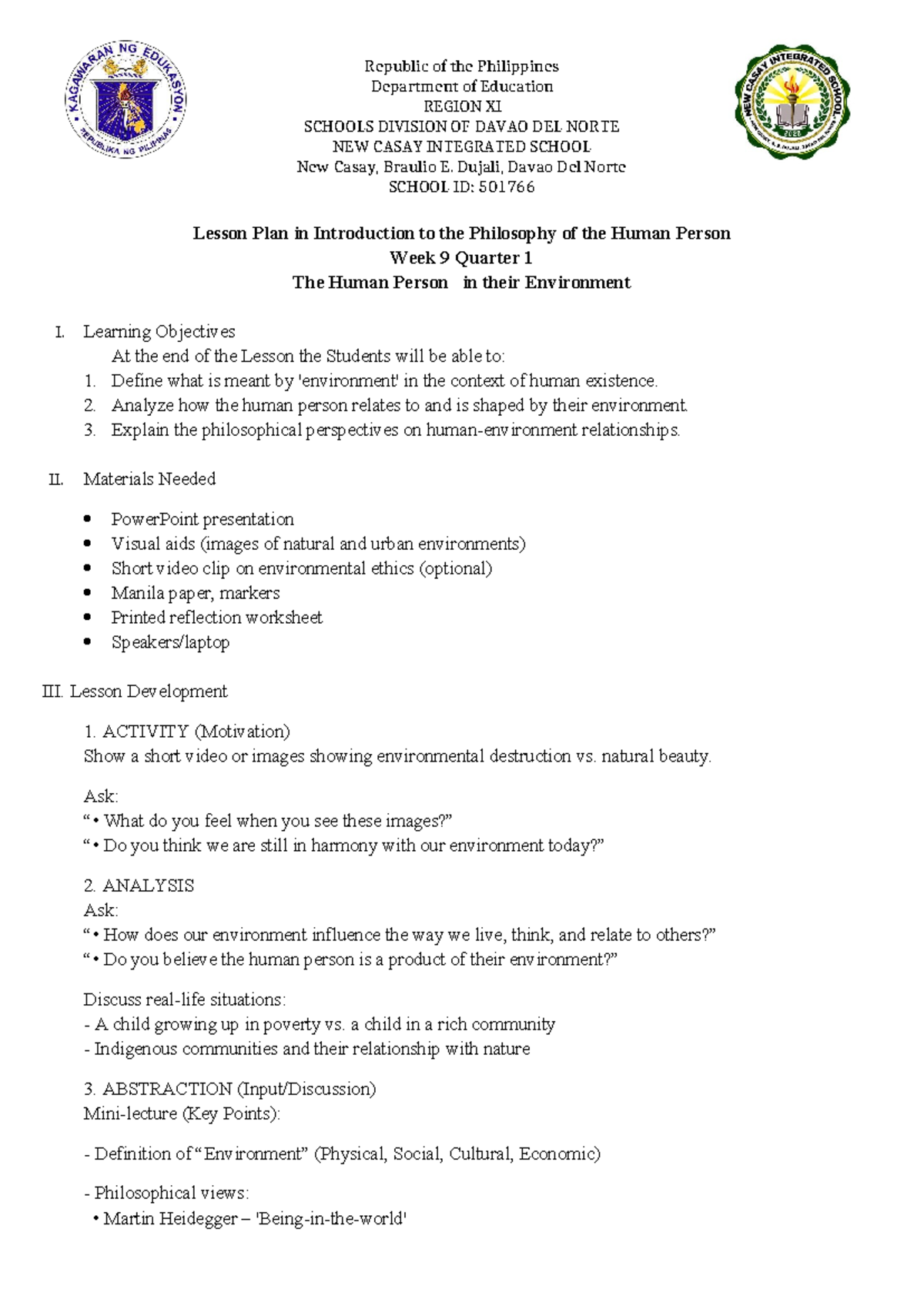 Lesson Plan: The Human Person in Their Environment (Week 9, Q1) - Studocu