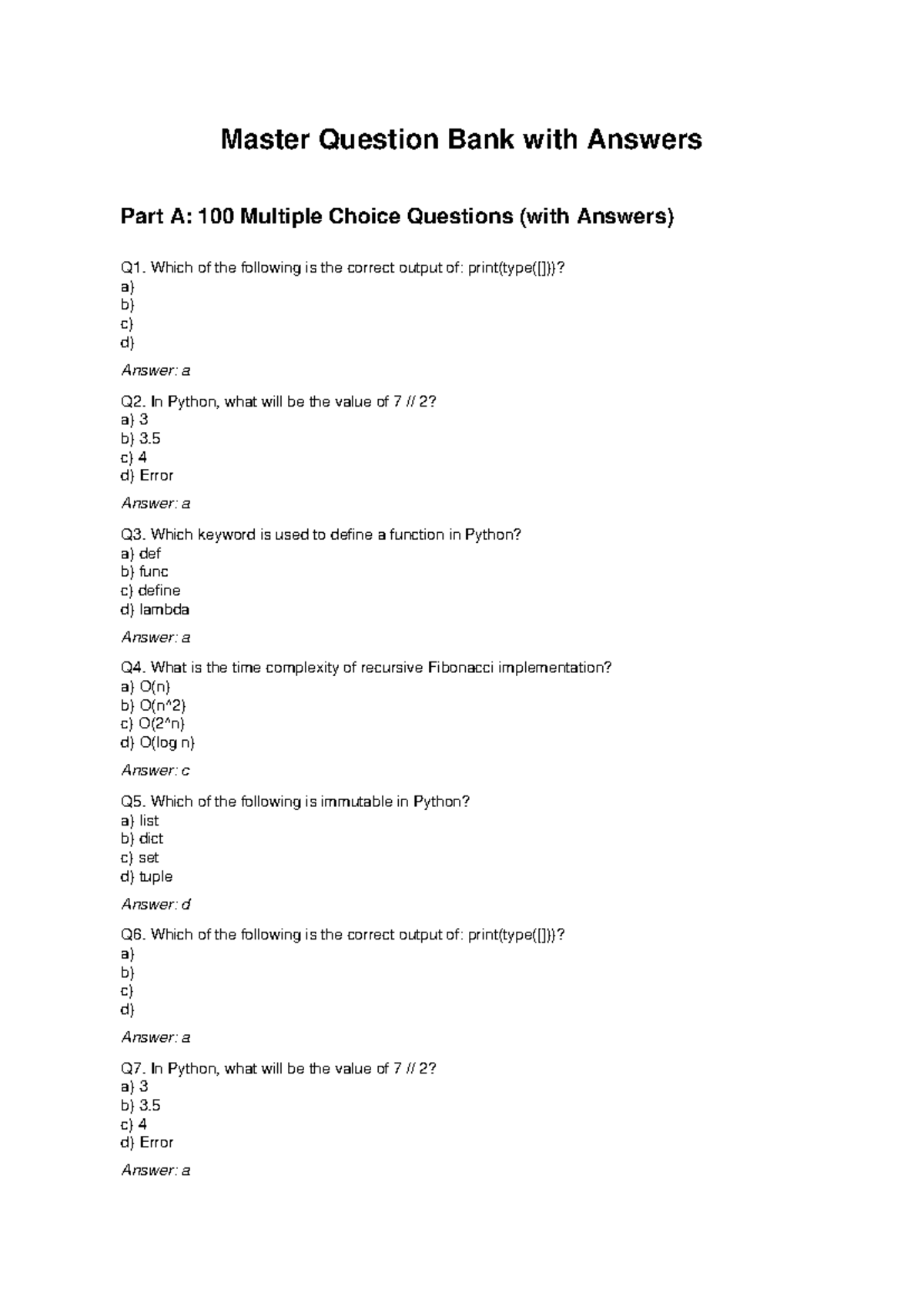 Master Question Bank with Answers for Python Programming (Part A & B ...