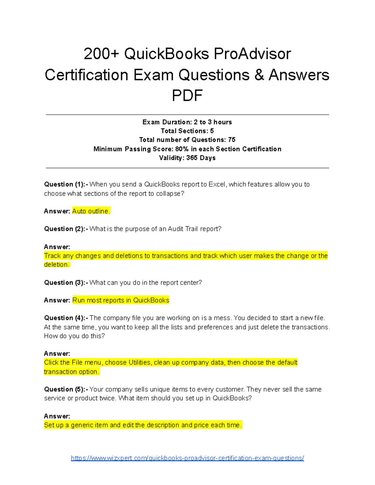 QuickBooks ProAdvisor Certification Exam Q&A Review Guide - Studocu