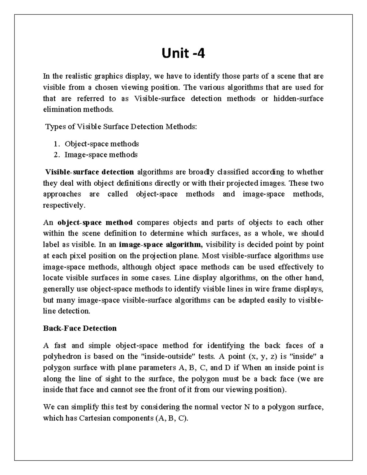 Unit 4 CGA: Visible Surface Detection Methods and Algorithms - Studocu