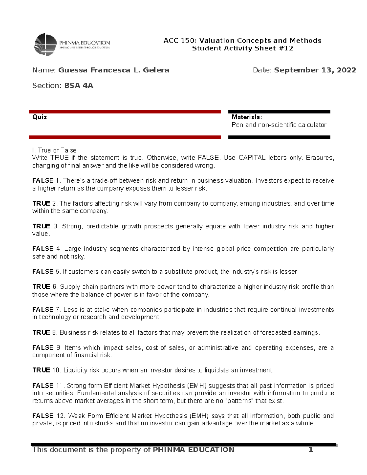 Acc 150 Module 12 Quiz Valuation Concepts Methods Insights Studocu