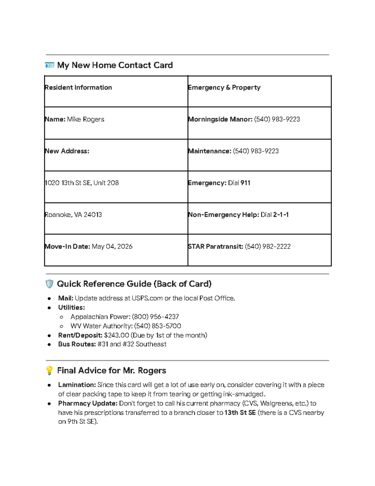 New Home Contact Card & Advice for Mike Rogers - Studocu