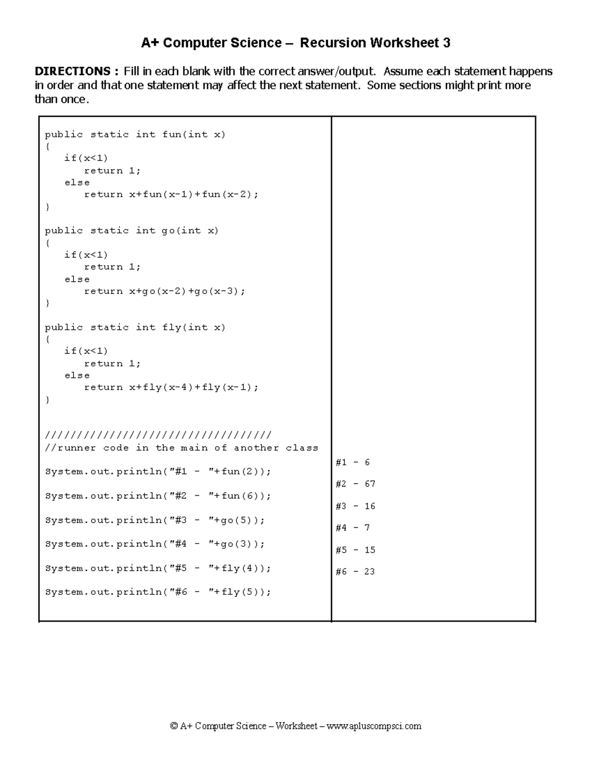 Recursion WS #3 - Book - A+ Computer Science – Recursion Worksheet 3 ...