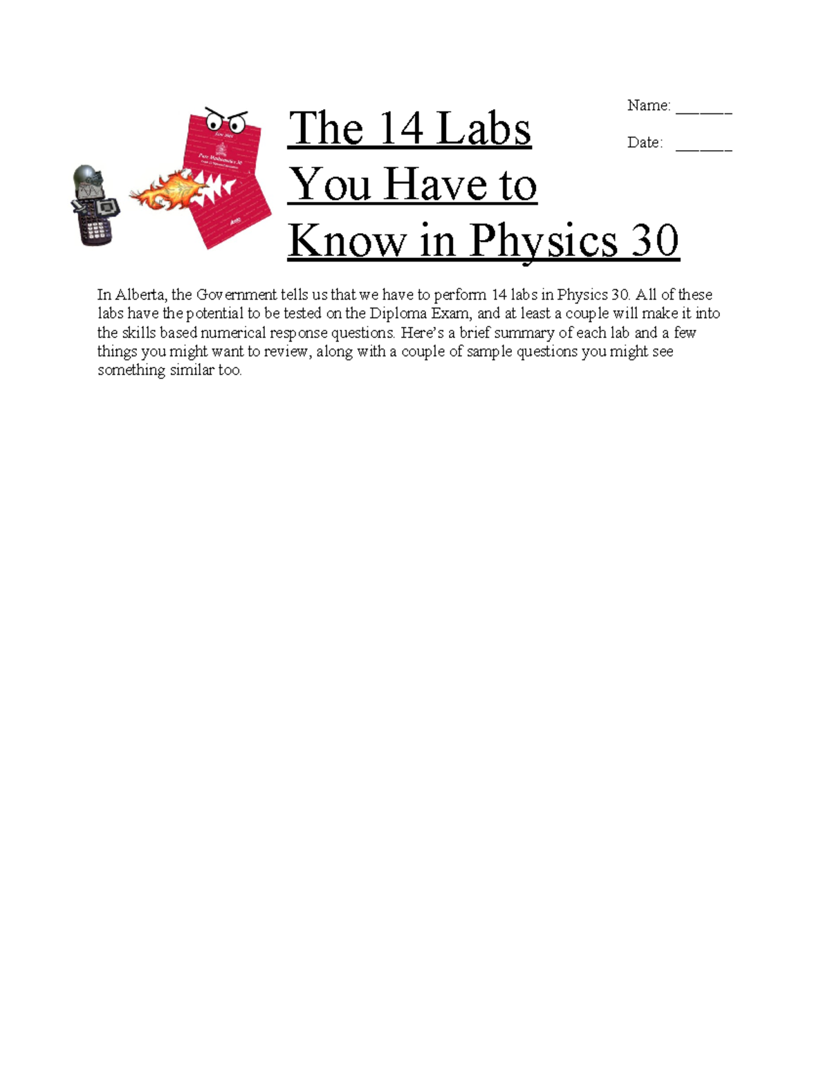 The 14 Essential Labs for Physics 30 Diploma Exam Preparation - Studocu