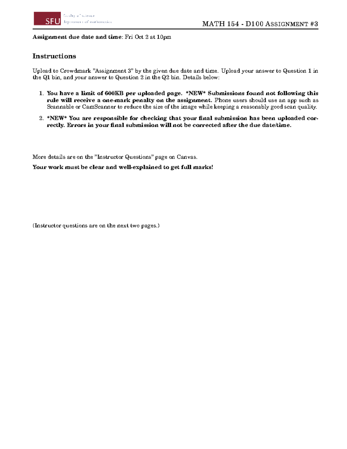 Instructor Questions 154 - A3 - MATH 154 - D100 ASSIGNMENT# Assignment ...