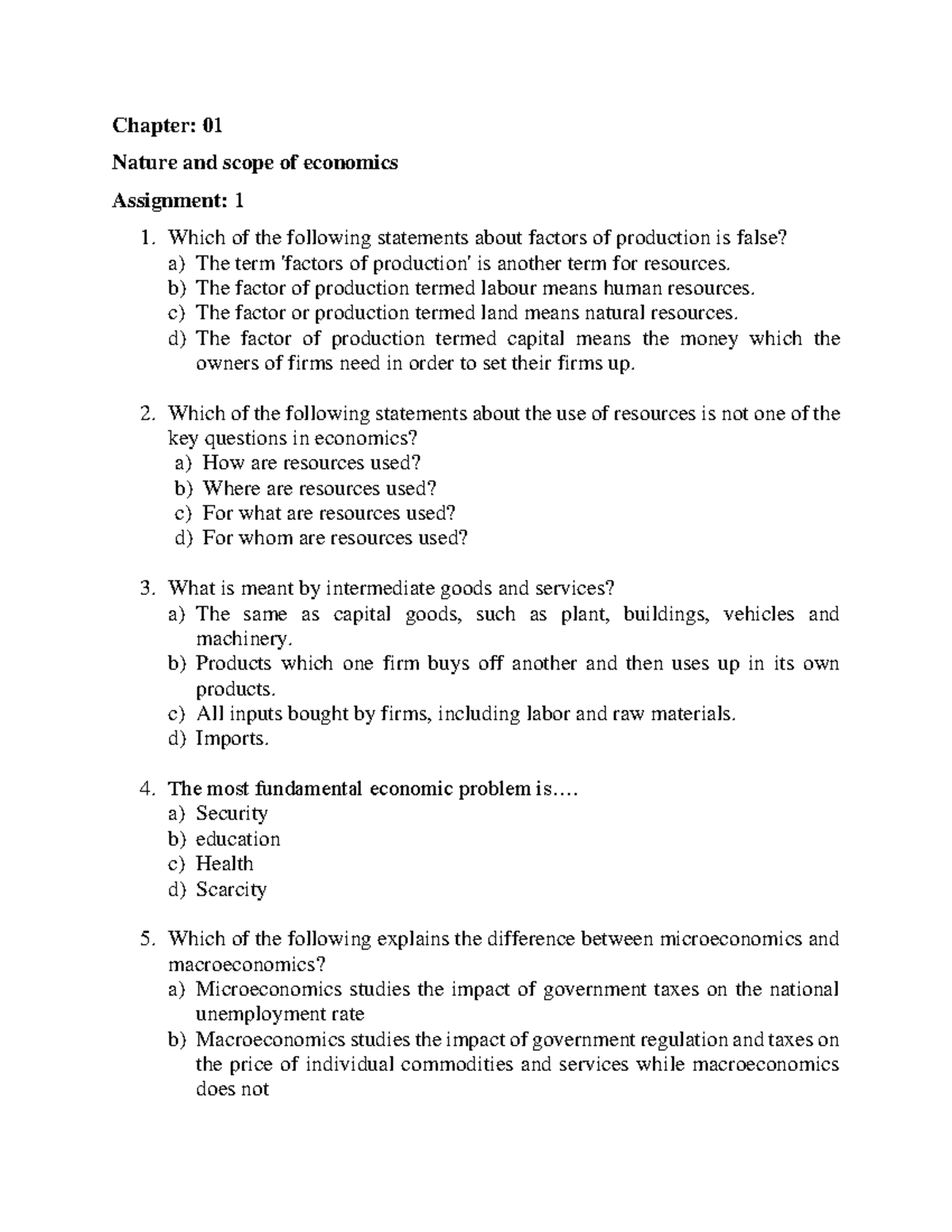 Asssignment 1 - .... - Chapter: 01 Nature and scope of economics ...